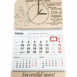 Wall calendar with clock ,,Golden family rules,,