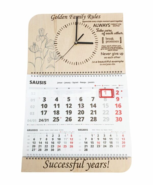Wall calendar with clock ,,Golden family rules,,
