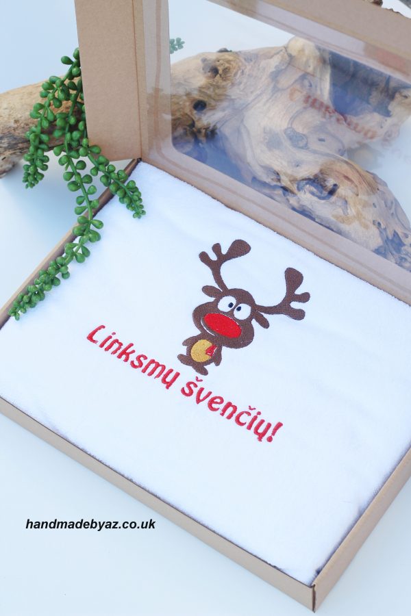 Towel with cardboard box ,,Linksmu svenciu,,