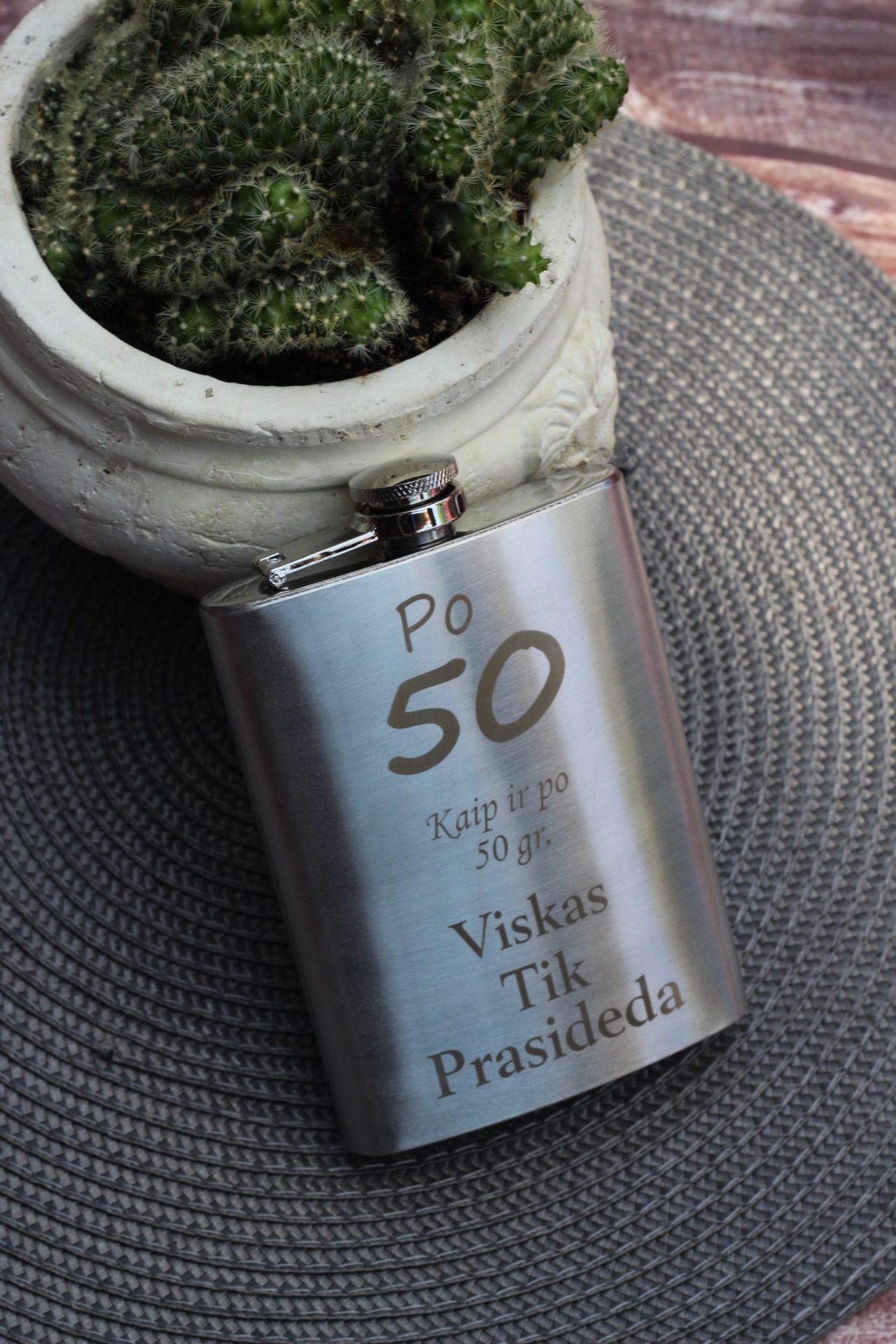 Personalised Metal Flask ,,Po 50 kaip ir po 50 gramu...,,