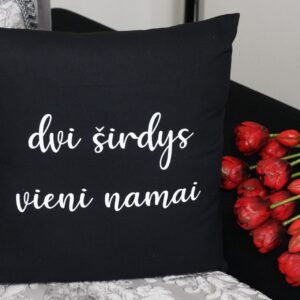 Pillow with print ,,Dvi sirdys vieni namai,,