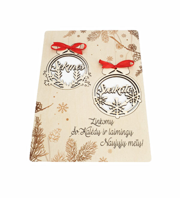 Wooden card with bauble ,,Linksmu sventu Kaledu...,,