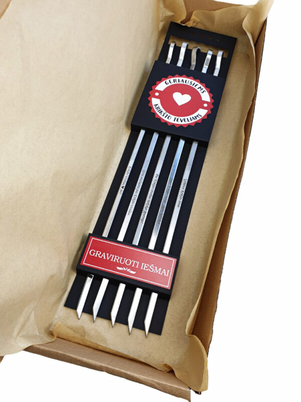 BBQ metal sticks set with carboard box ,,Geriausiems Kriksto Teveliams,,