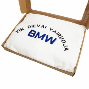 Towel with cardboard box ,,Tik dievai vairuoja BMW,,