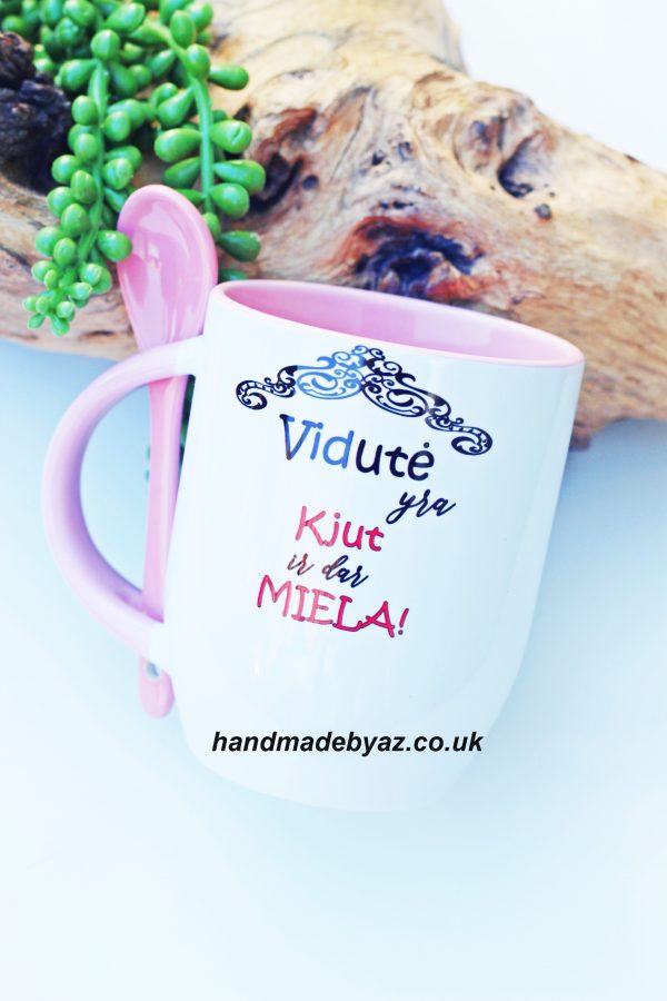 Personalised Cup with Spoon ,,Vidute yra Kjut...,,