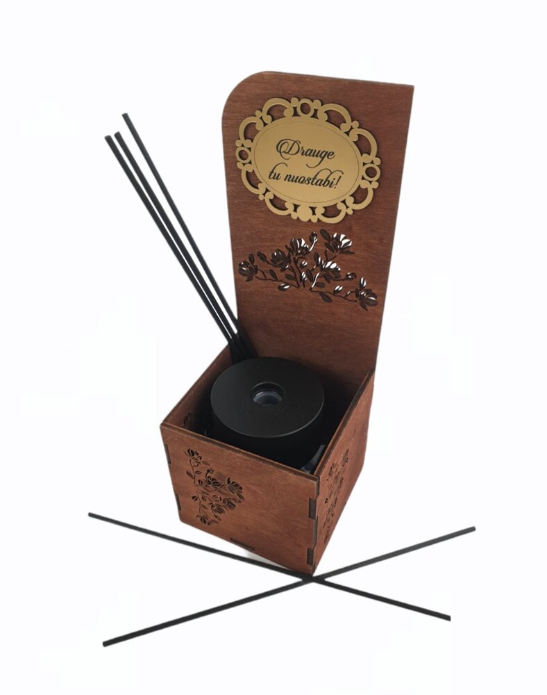 Reed Diffuser in a wooden box ,,Drauge,tu nuostabi,,