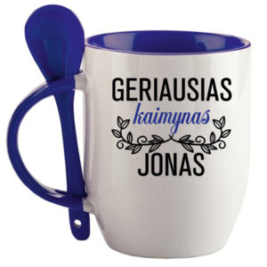 Personalised Cup with Spoon ,,Geriausias kaimynas Jonas,,