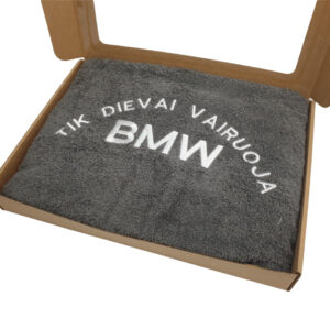 Towel with cardboard box ,,Tik Dievai vairuoja BMW,,