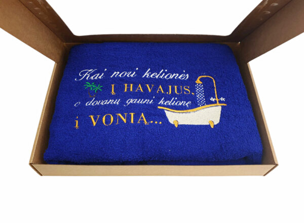 Towel with cardboard box ,,Kai nori keliones i Havajus..,,