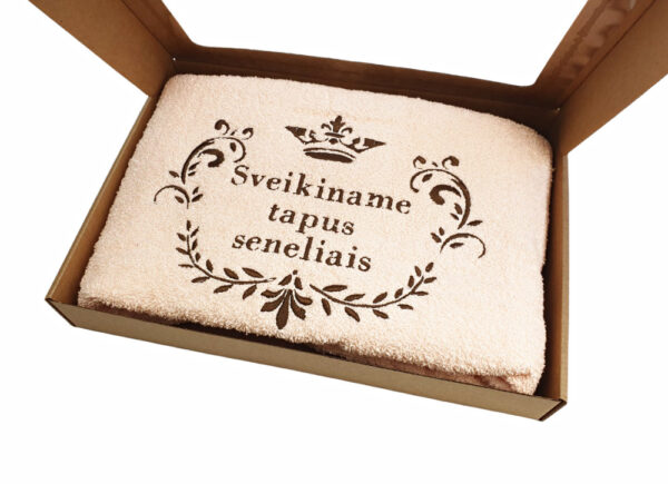 Towel with cardboard box ,,Sveikiname tapus seneliams,,