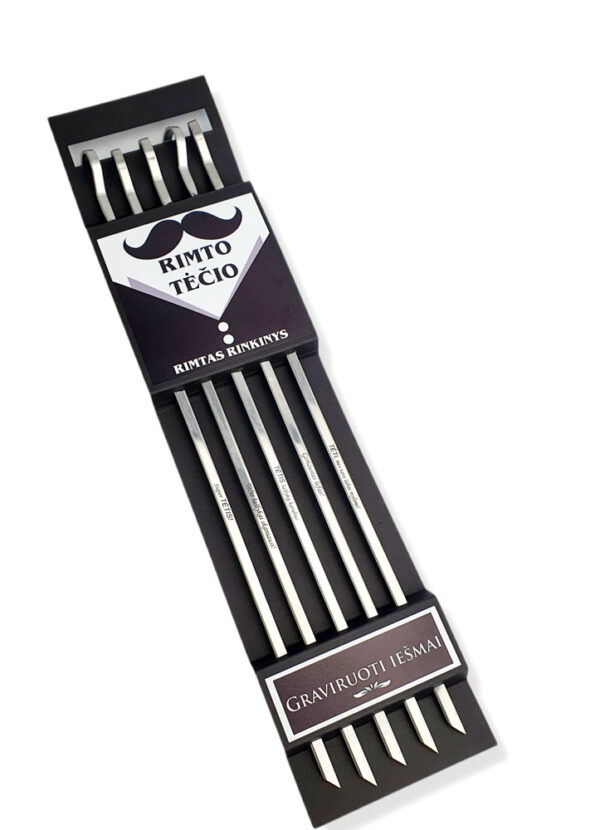 BBQ metal sticks set with carboard box ,,Rimto tecio Rimtas rinkinys,,
