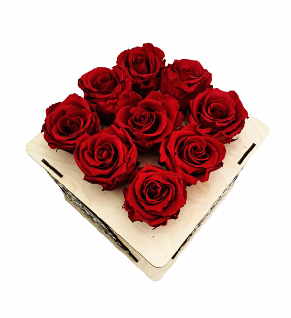 Wooden vase ,glass tube with preserved rose