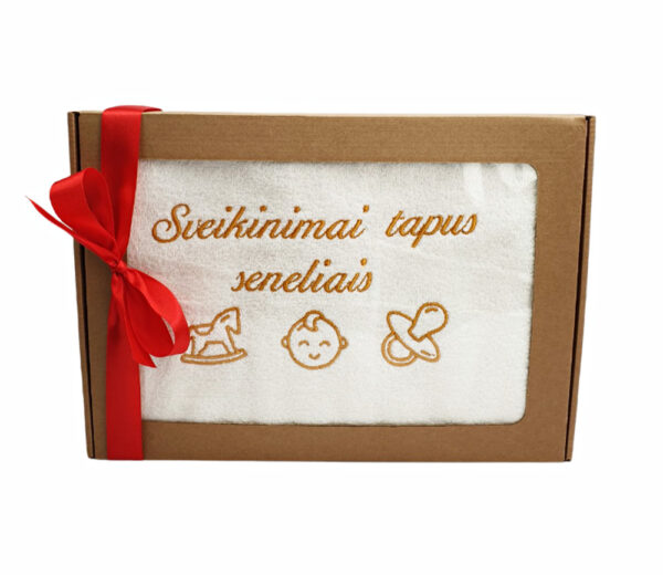 Towel with cardboard box ,,Sveikinimai tapus seneliais,,