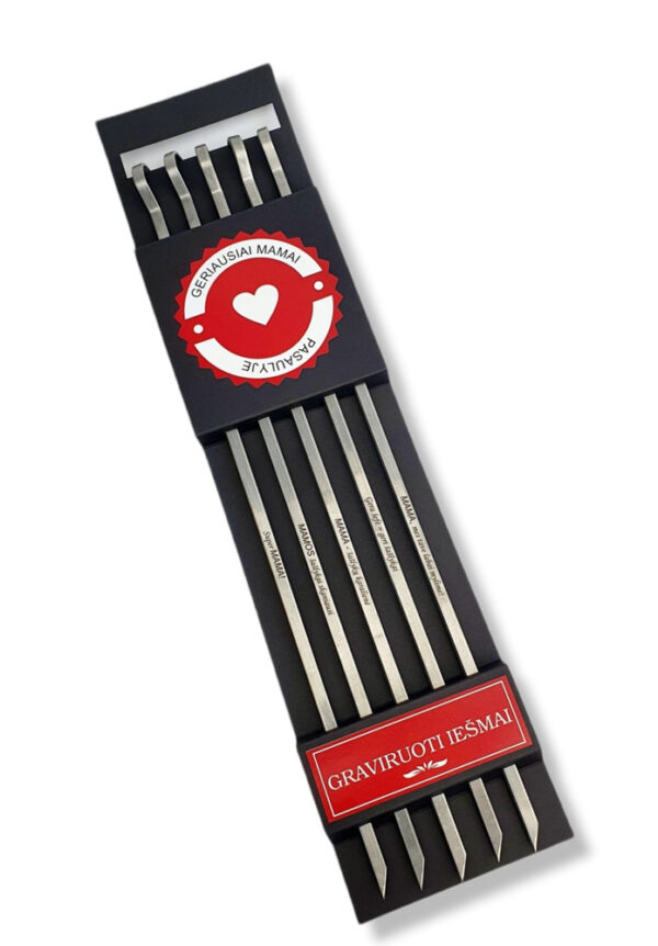 BBQ metal sticks set with carboard box ,,Geriausiai mamai,,