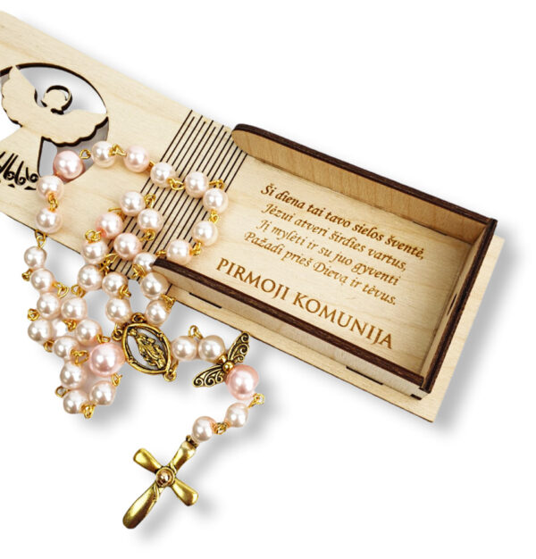 Wooden Envelope with rosary ,,Pirmoji Komunija,,