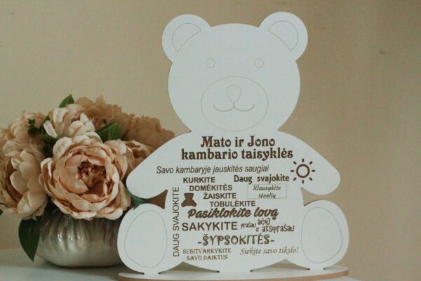 Personalised stand up bear ,,Mato ir Jono kambario taisykles,,