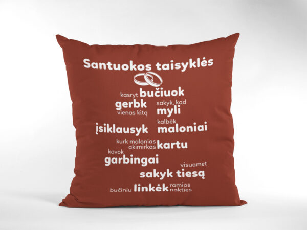 Pillow with print ,,Santuokos taisykles,,