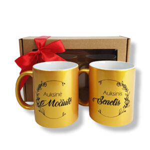 Cup  set with carboard ,,Auksine mociute,, ,,Auksinis senelis,,