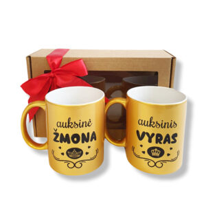 Cup  set with carboard ,,Auksine zmona,, ,,Auksinis vyras,,