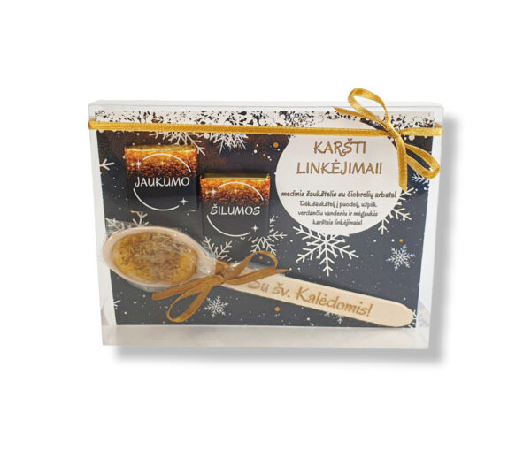 Wooden spoon with thyme tea and mini chocolate ,,Karsti linkejimai,,