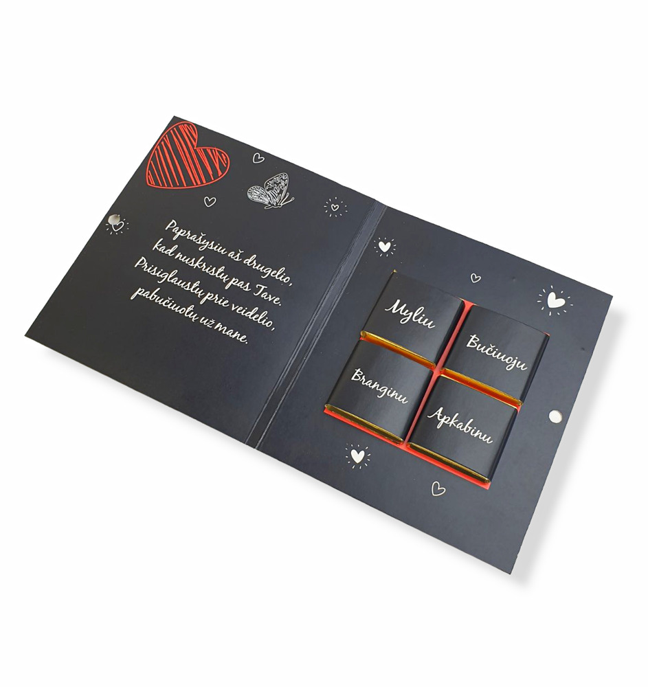 Greeting card with chocolate ,,Myliu tave,,