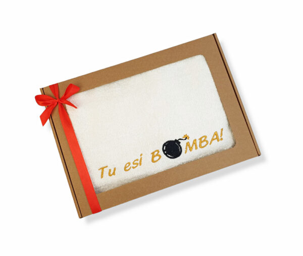 Towel with cardboard box ,,Tu esi Bomba,,