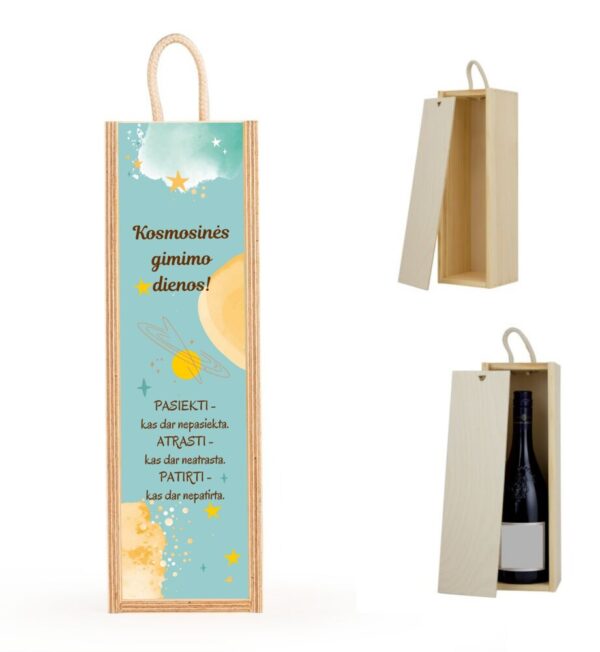 Wooden  Wine Box ,,Kosmosines gimimo dienos,,