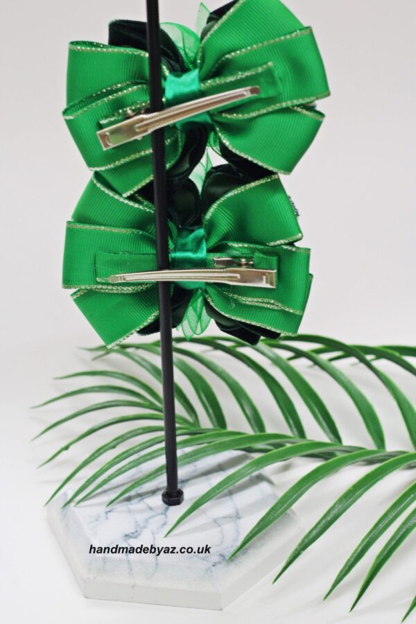 Pair Of  Ribbon Hair Bows  Clip ,,Green,, - Image 3