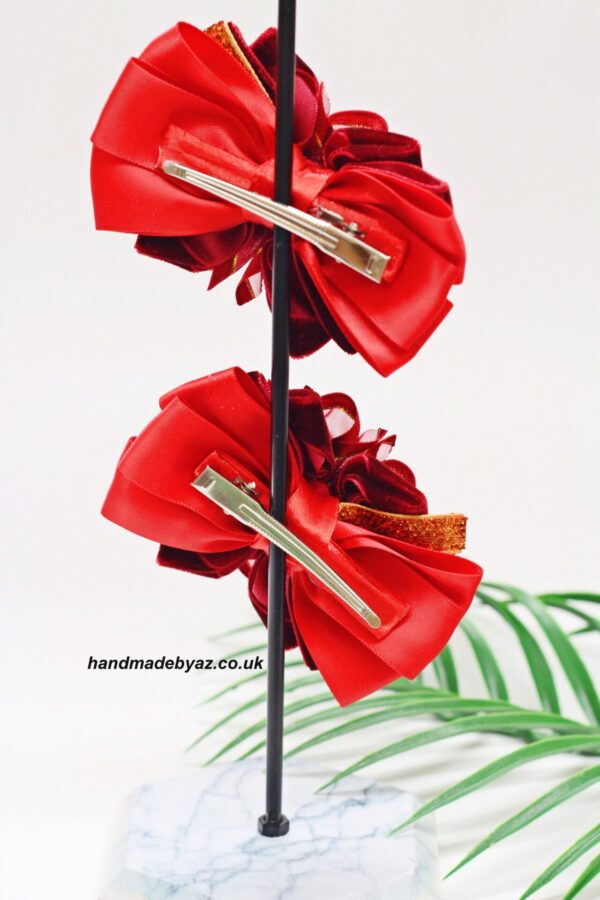 Pair Of  Ribbon Hair Bows  Clip ,,Red,, - Image 2
