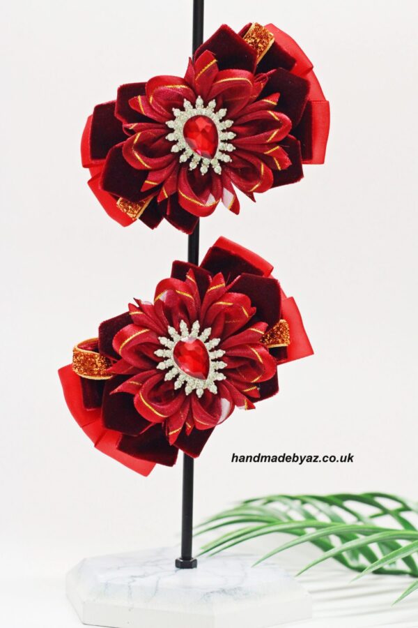 Pair Of  Ribbon Hair Bows  Clip ,,Red,,