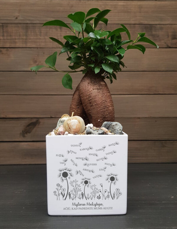 Flowers pot for teacher with kids name ,,Mylima mokytoja,aciu,kad padedate mums augti,,