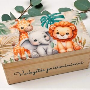 Memory box with print ,,Vaikystes prisiminimai. Liutas,drambliukas,zirafa,,